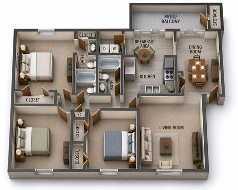 Floor plan for 3 beds, 2 baths, 1635 sqft